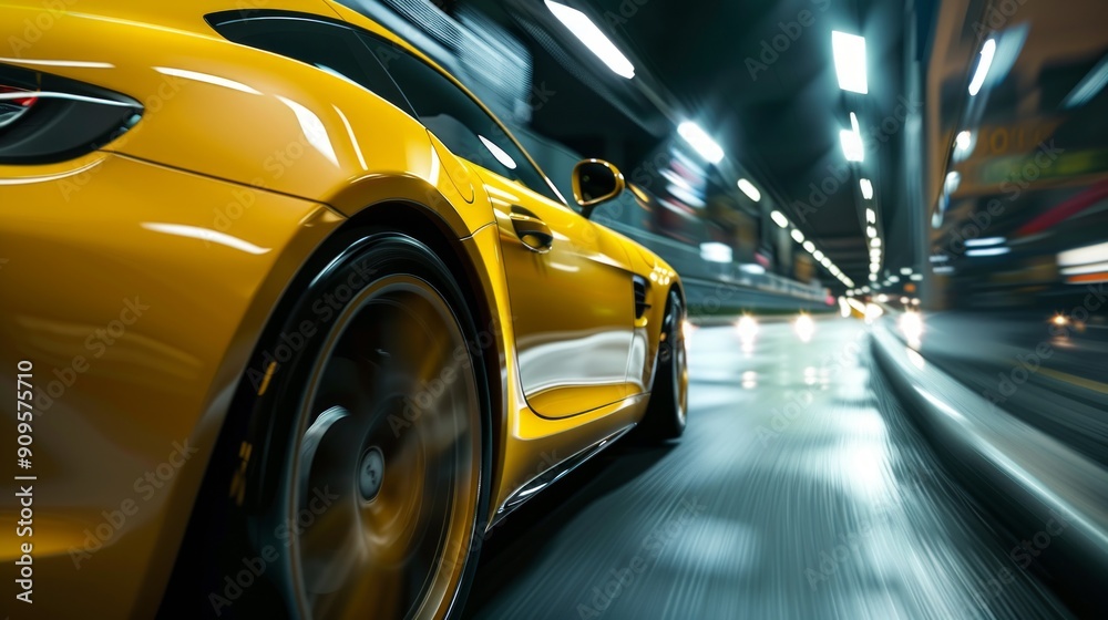 Yellow Sports Car Speeding Through City Tunnel at Night Yellow Sports Car Speeding Through City Tunnel at Night