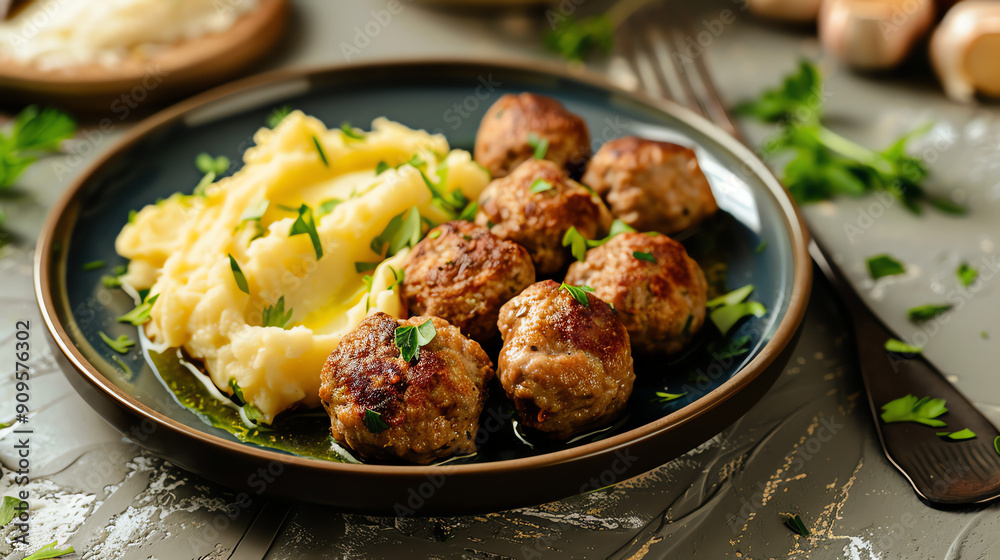 Delicious Meatballs Served With Creamy Mashed Potatoes and Fresh Herbs on a Rustic Table Delicious Meatballs Served With Creamy Mashed Potatoes and Fresh Herbs on a Rustic Table