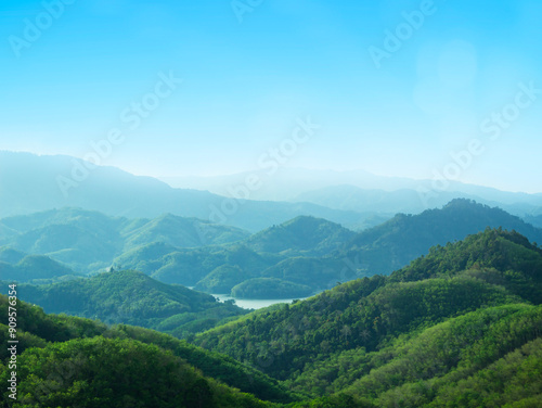 Fototapeta Naklejka Na Ścianę i Meble -  Mountain landscape with green hills and blue sky. Nature background.