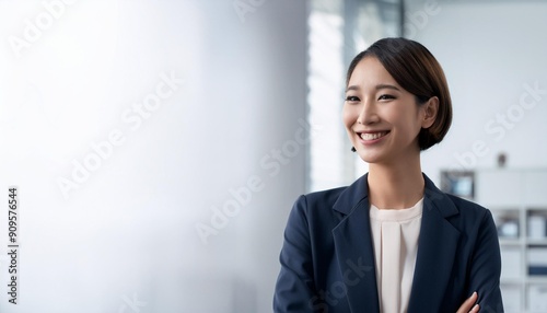 portrait of a professional businesswoman, A professional Asian businesswoman standing and smiling confidently. She exudes a friendly and approachable demeanor, dressed in formal business attire