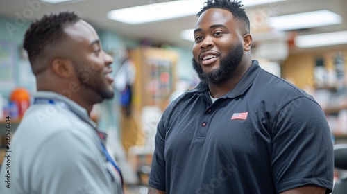 Two Men Engaging in Friendly Conversation Inside a Retail Store During Daytime