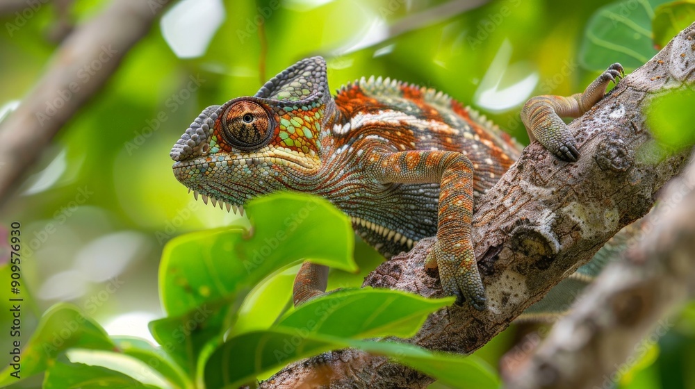 A close-up of a chameleon blending into its surroundings on a tree branch A close-up of a chameleon blending into its surroundings on a tree branch