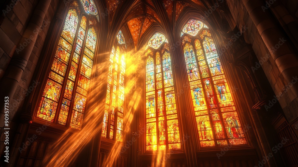 Obraz premium Sunbeams, filtering through stained glass windows, illuminate the cathedral with a warm, heavenly glow. This divine light fills the sanctuary, symbolizing God's love and grace.