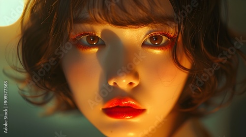 Striking Japanese Woman's Portrait with Intense Gaze,Delicate Features and Cinematic Lighting photo