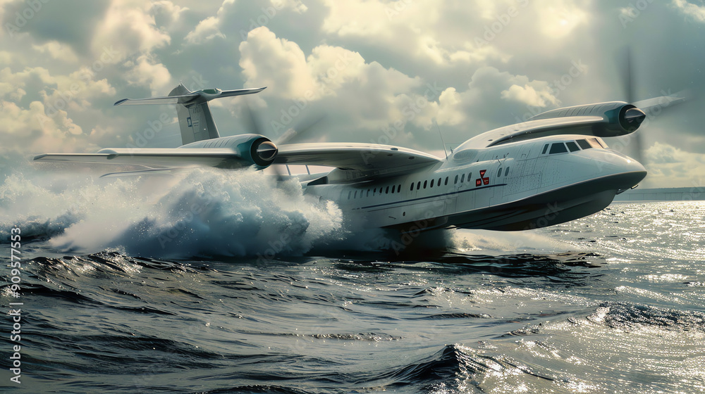 Historic Seaplane Skimming Over Ocean Waves Against Dramatic Cloudy Sky Historic Seaplane Skimming Over Ocean Waves Against Dramatic Cloudy Sky