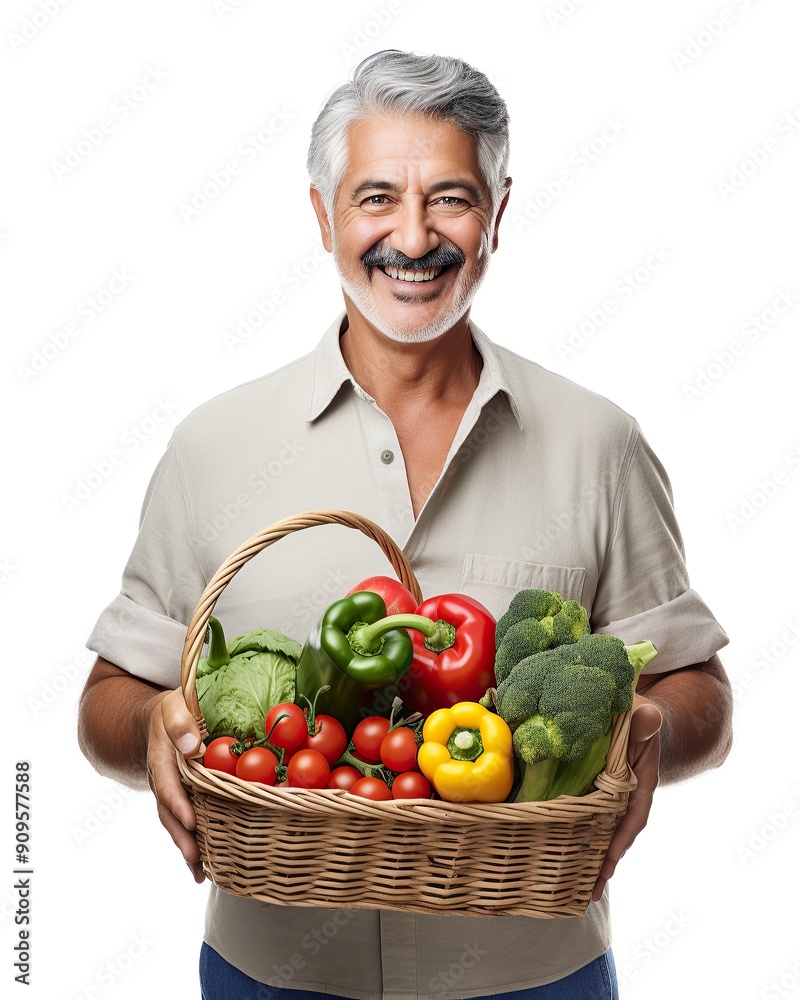 Smiling Man Holding a Basket of Fresh Vegetables Smiling Man Holding a Basket of Fresh Vegetables