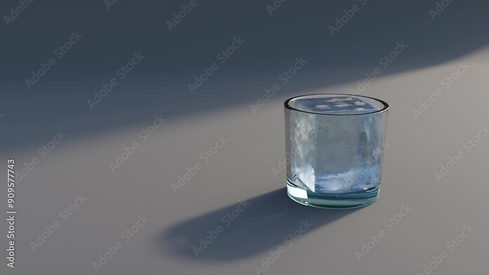 One big ice cube in a transparent glass on a black background. Abstract 3d concept drink motion graphic