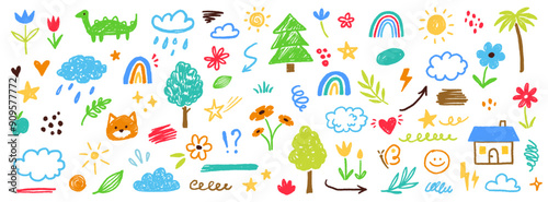 Cute kid flower, cloud, summer illustration. Hand drawn doodle sketch children cute vector school chalk background. Kids doodle crayon style line flower, cloud doodle pattern. Vector illustration