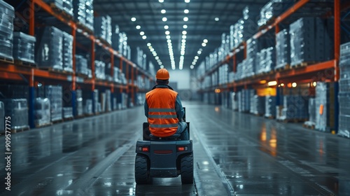 Worker Operating Electric Cart in Large Warehouse During Evening Hours