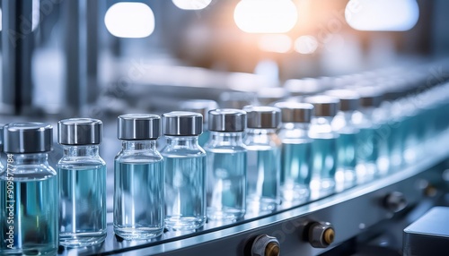 A row of vials move down a conveyor belt in a pharmaceutical factory