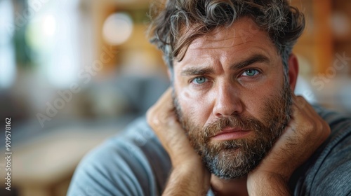 A Thoughtful Man With Blue Eyes and a Beard Sitting in a Cozy Café