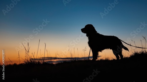 Silhouette of a dog with a leash.