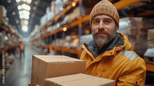 Warehouse Worker Smiling While Holding Two Boxes Amidst Shelves of Packages