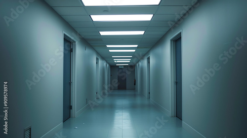 Brightly Lit Corridor With Doors on Each Side in a Modern Building