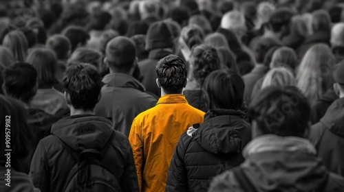 Vibrant individual in a black-and-white crowd.