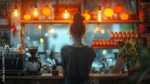 Woman Enjoying a Cozy Coffee Shop Atmosphere on a Relaxing Evening