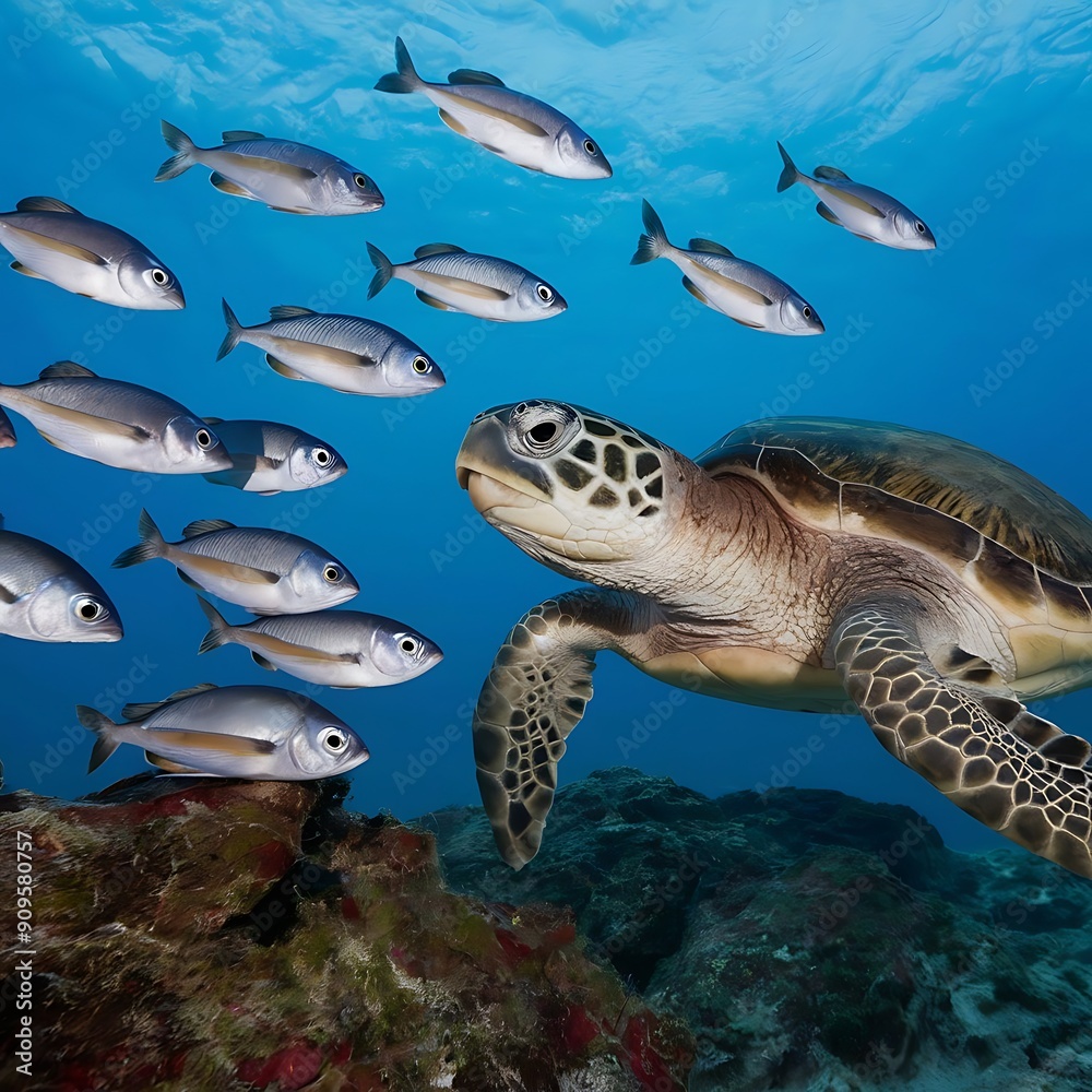 Fototapeta premium Create a fictional dialogue between a school of fish and a wise old sea turtle. What advice does the turtle offer about navigating the dangers of the ocean