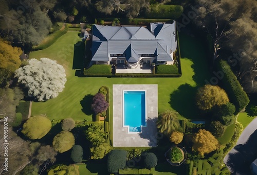 Aerial lawn garden pool pit shot top hedges Nov Australia fire Wahroonga luxury Sydney residence Green Living Family House Landscape Home Space Architecture Blue Lifestyle Exercise photo