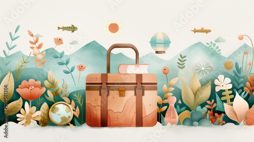 Journey of Knowledge and Exploration: Watercolor Illustration of a Suitcase with Inspirational Elements in Tranquil Landscape