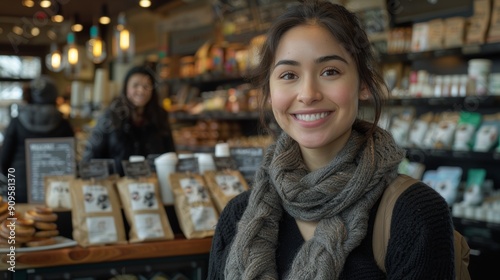 Young Woman Smiling While Enjoying a Cozy Café Atmosphere During Morning Hours