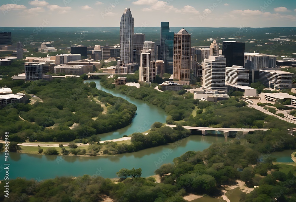 Obraz premium US cloud sky state Zilker Metropolitan Downtown edge Creek eastern summer Located Austin Barton Aerial capital Park blue Texas Country south view Greenbelt Hill Business Water Offic