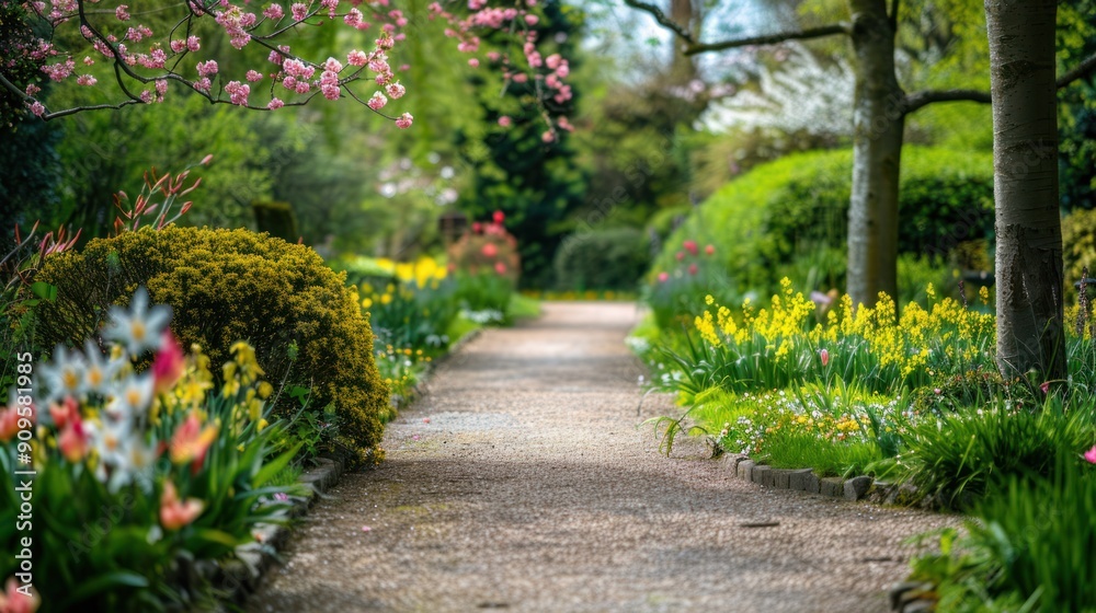 Serene footpath through a blooming spring garden Serene footpath through a blooming spring garden