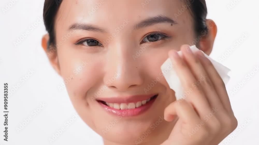Beautiful young girl female with healthy skin doing makeup using wet wipes to moisturize. concept of cosmetic product, make up, healthy skin, foundation apply, skin colors, with copy space Beautiful young girl female with healthy skin doing makeup using wet wipes to moisturize. concept of cosmetic product, make up, healthy skin, foundation apply, skin colors, with copy space