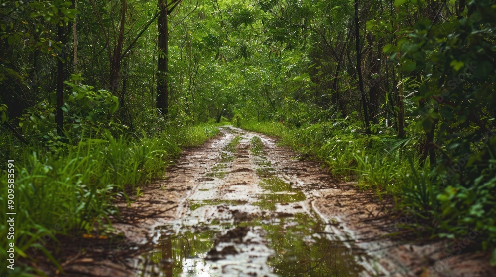 Muddy footpath through a dense forest after rain Muddy footpath through a dense forest after rain