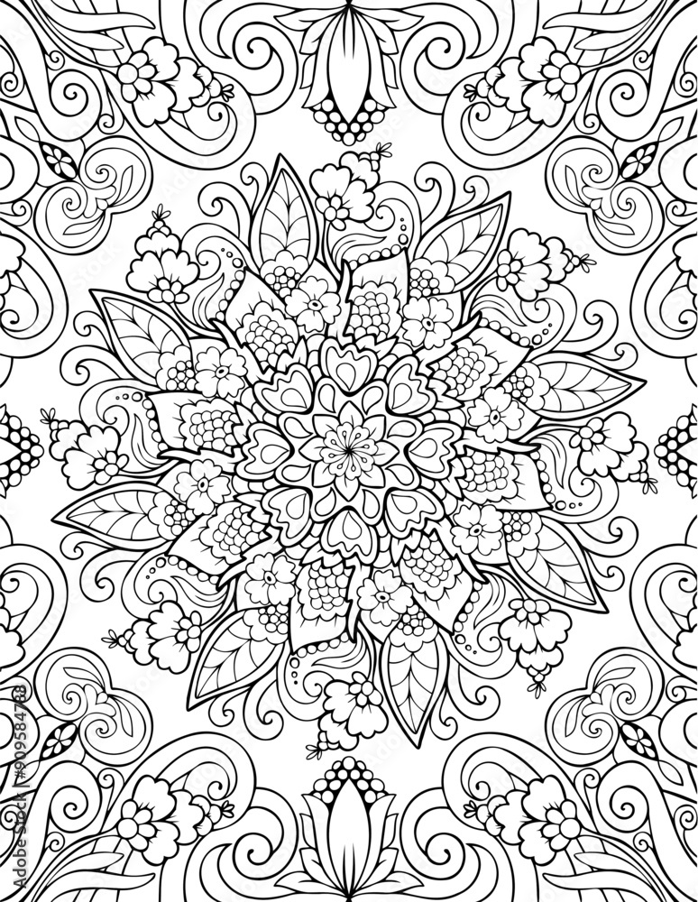 Fototapeta premium Ornamental mandala adult coloring book page. Zentangle style coloring page. Arabic, Indian ornament.