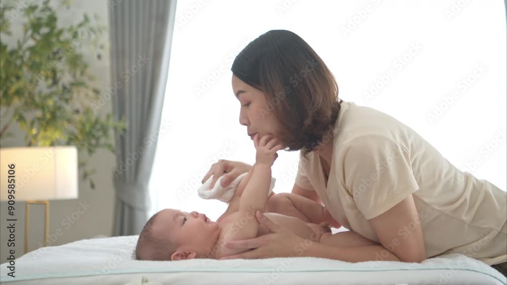 A tiny child smiles happily on the bed waiting for mother apply powder and put on clothes after taking a bath A tiny child smiles happily on the bed waiting for mother apply powder and put on clothes after taking a bath