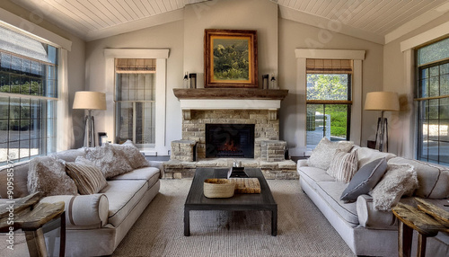 Living family room with stone fireplace, wood ceiling, windows, sofa, couch, comfy, home, house, neutral decor, contemporary design