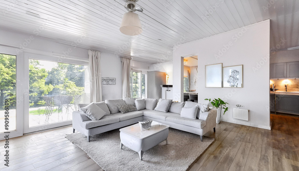 Fototapeta premium Living family room, windows, sofa, couch, comfy, home, house, neutral decor, contemporary design