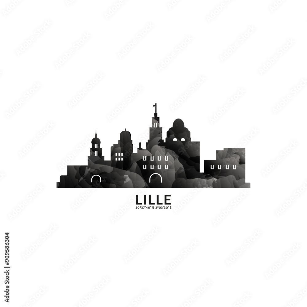 Lille panorama, vector badge, skyline logo and icon. France city horizon logotype with landmarks and building silhouettes. Isolated foggy abstract gradient graphic Lille panorama, vector badge, skyline logo and icon. France city horizon logotype with landmarks and building silhouettes. Isolated foggy abstract gradient graphic