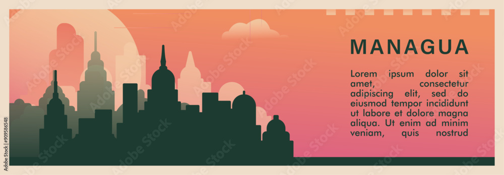 Fototapeta premium Managua city brutalism vector banner with skyline, cityscape. Nicaragua retro horizontal illustration. Travel layout for web presentation, header, footer