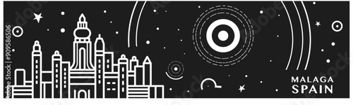 Malaga city thin line style banner with black and white cityscape and skyline. Chalkboard vector horizontal illustration, header, footer for Spain