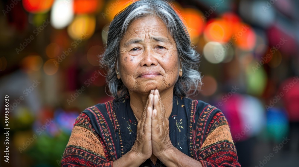 Portrait of an elderly woman with silver hair and a weathered face, hands clasped together in a traditional prayer or welcoming gesture. Portrait of an elderly woman with silver hair and a weathered face, hands clasped together in a traditional prayer or welcoming gesture.