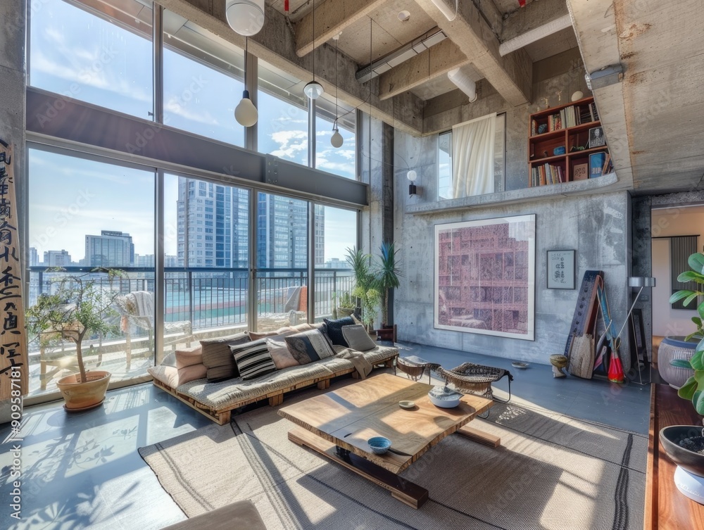 Fotografie Stylish Loft with Large Windows, Comfortable Sofa, and Tatami Seating