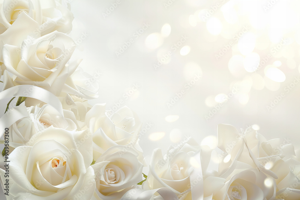 Elegant White Wedding Background with Silk Flowers and Ribbons for Invitations, Cards, and Decor - Copy Space for Text Elegant White Wedding Background with Silk Flowers and Ribbons for Invitations, Cards, and Decor - Copy Space for Text