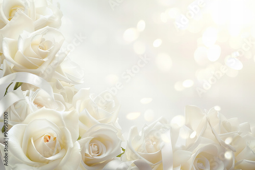 Elegant White Wedding Background with Silk Flowers and Ribbons for Invitations, Cards, and Decor - Copy Space for Text