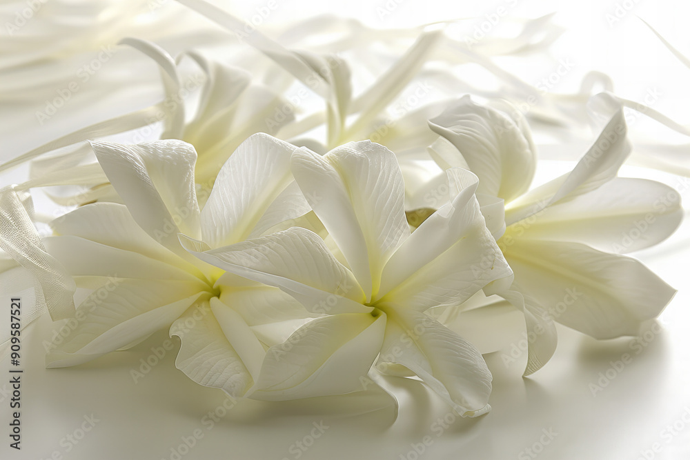 Elegant White Wedding Background with Silk Flowers and Ribbons for Invitations, Cards, and Decor - Copy Space for Text Elegant White Wedding Background with Silk Flowers and Ribbons for Invitations, Cards, and Decor - Copy Space for Text