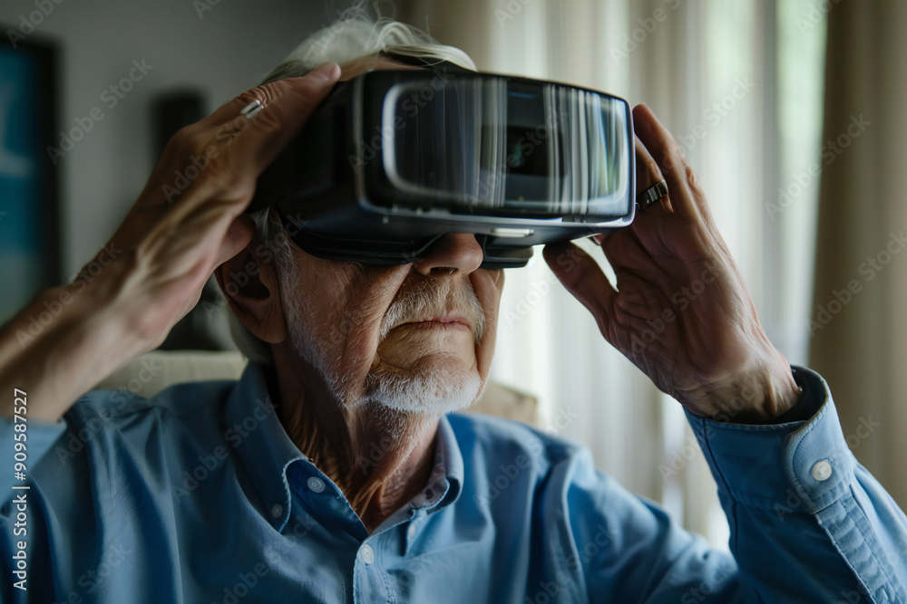 Elderly Man Using VR Headset Experiencing Modern Technology and Virtual Reality for Seniors Elderly Man Using VR Headset Experiencing Modern Technology and Virtual Reality for Seniors
