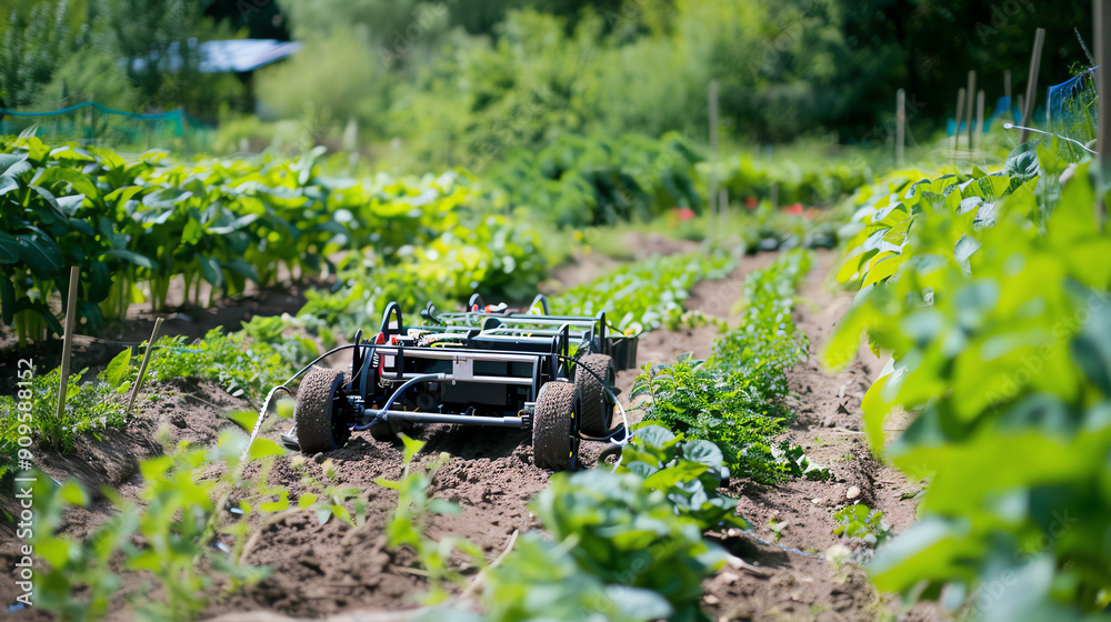 Innovative Agricultural Robot Supported by Technology Cultivates Crops in Lush Green Farm During Summer Afternoon Innovative Agricultural Robot Supported by Technology Cultivates Crops in Lush Green Farm During Summer Afternoon