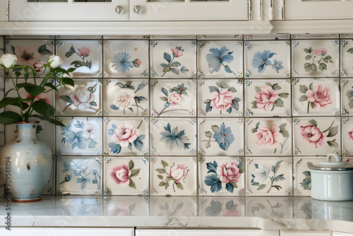 A kitchen with a white countertop and a floral tile backsplash photo