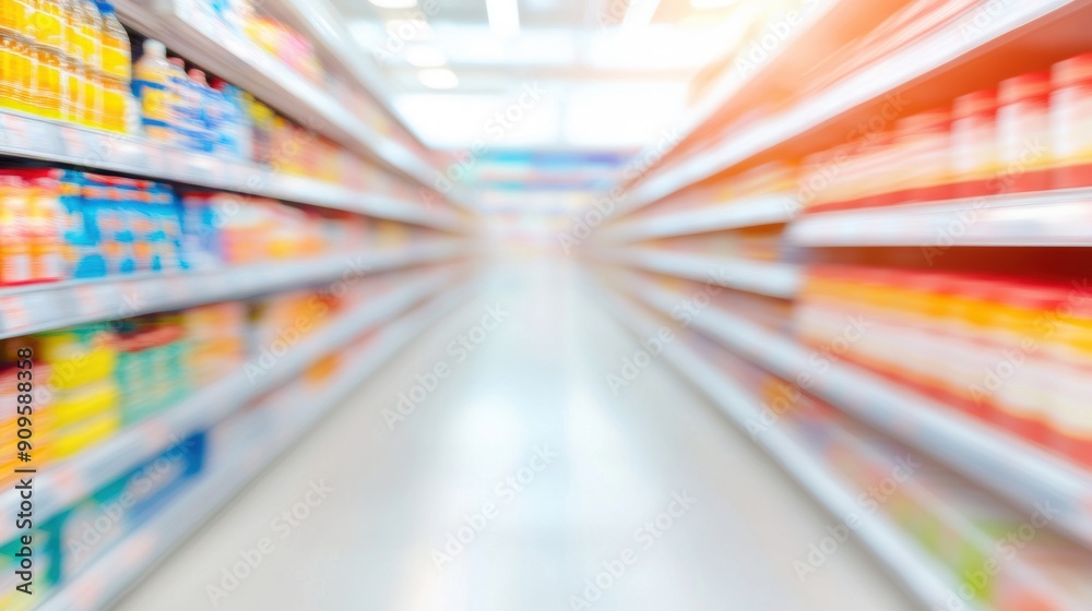 Brightly lit aisle showcases shelves stocked with various products in a modern supermarket Brightly lit aisle showcases shelves stocked with various products in a modern supermarket