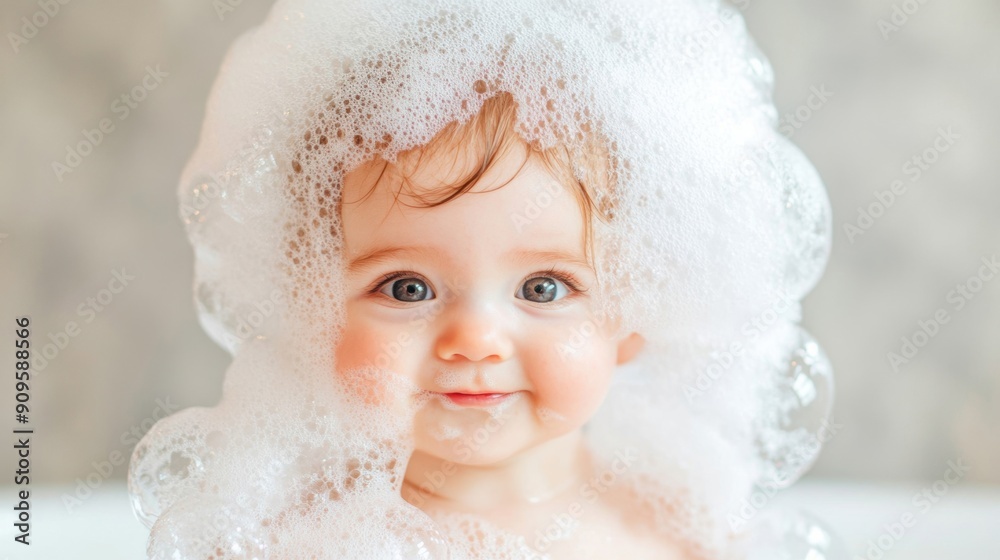 A joyful baby is playing with bubbles in a warm bath, smiling amidst the frothy foam and playful water splashes A joyful baby is playing with bubbles in a warm bath, smiling amidst the frothy foam and playful water splashes