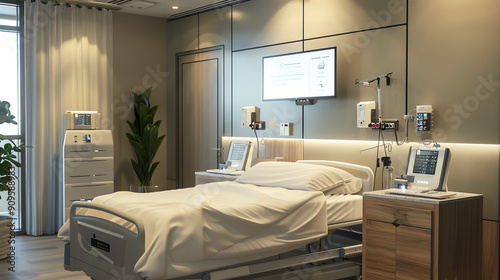 Modern Hospital Room Featuring Advanced Medical Equipment and Comfortable Patient Bed During Daylight Hours