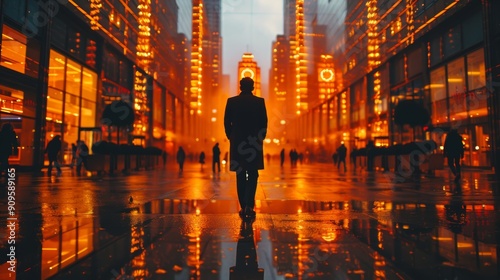 A Man Stands in an Urban Area Surrounded by Glowing Lights During a Rainy Evening