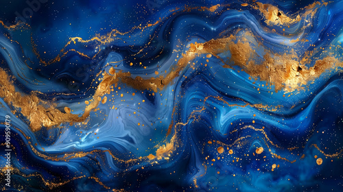 fluid marble patterns in deep blue and shimmering gold creating dynamic swirling designs and luxurious visual textures