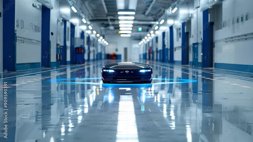 A sleek autonomous vehicle glides smoothly down an illuminated industrial hallway, showcasing advanced technology in a modern environment