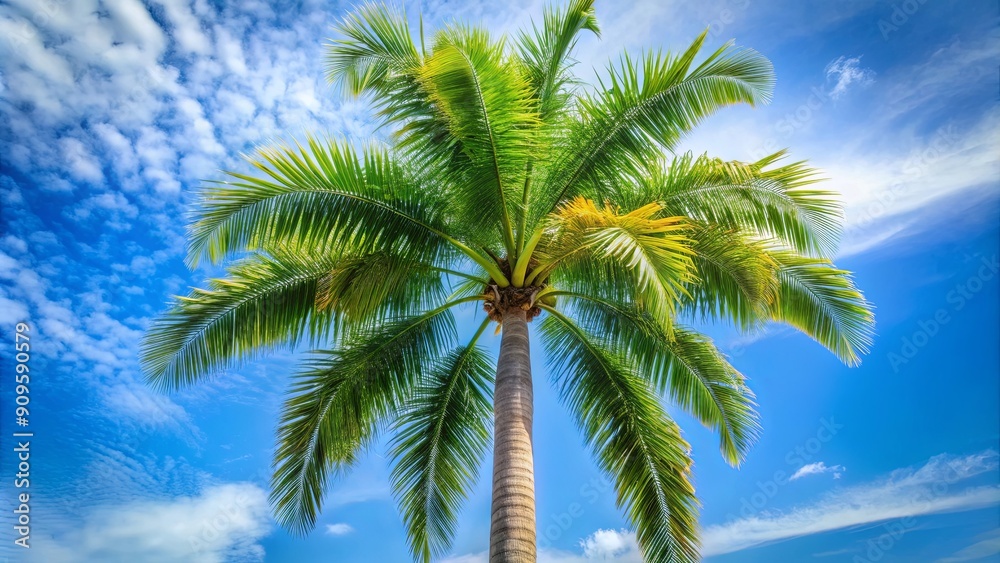 Tall and slender palm tree with vibrant green fronds , tropical, exotic, beach, paradise, vacation, island, botany Tall and slender palm tree with vibrant green fronds , tropical, exotic, beach, paradise, vacation, island, botany